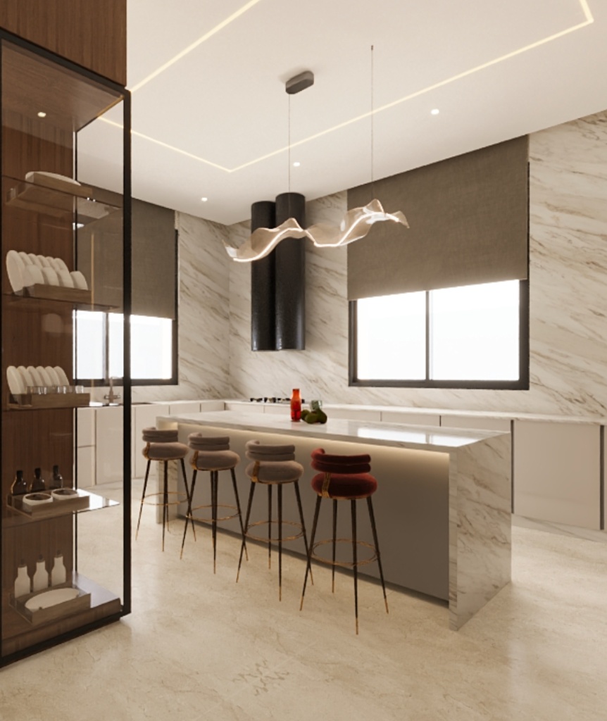 Cuisine en marbre avec îlot, suspension noire sculpturale et tabourets, corniche lumineuse continue
