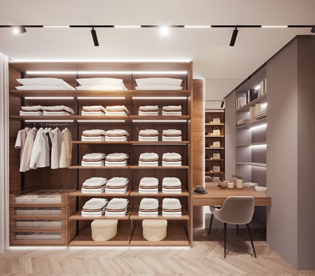 Dressing-boutique avec étagères en bois rétroéclairées et parquet à chevrons
